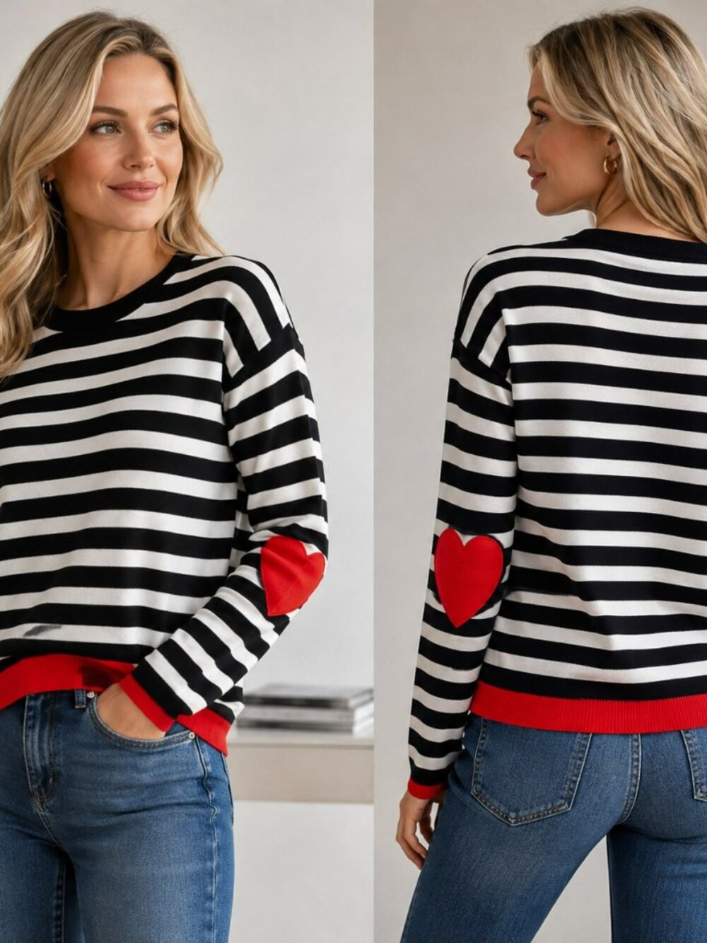 Elliott Lauren Striped Heart Elbow Sweater XS Blue White Red 100% Cotton